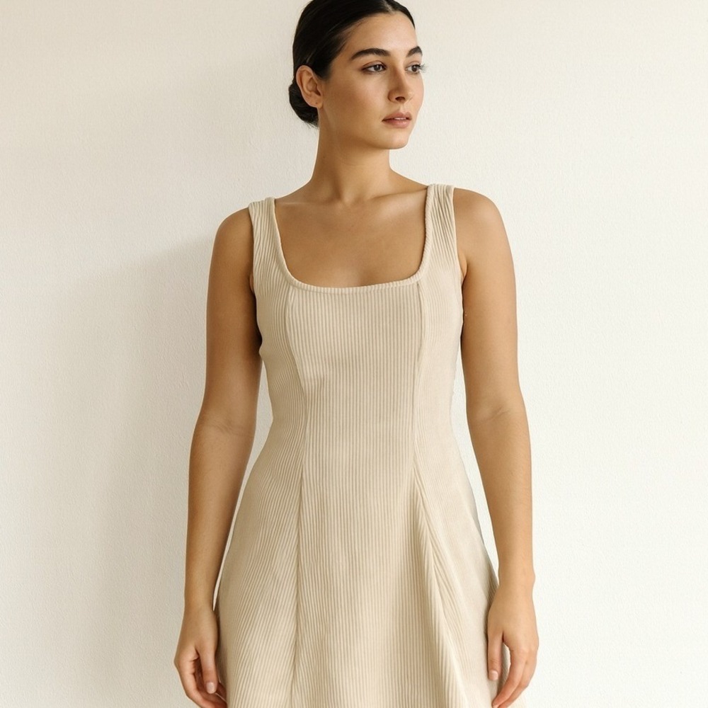 Jones New York Sport Ribbed Corduroy Dress Cream Sleeveless 90s Y2K Babydoll - Picture 1 of 8